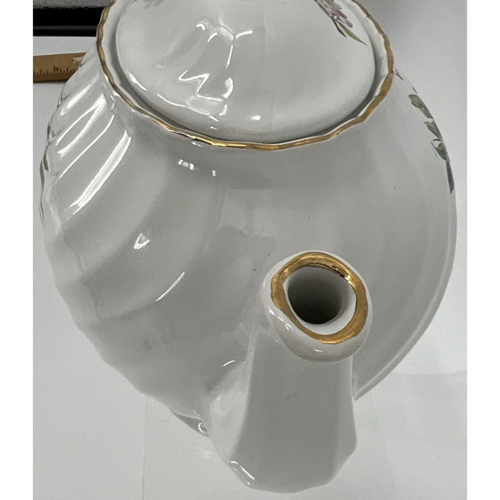 Vtg Arthur Wood & Son Staffordshire England Teapot 6459 Apples‎ Peach Gold Trim